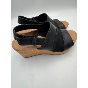 Clarks Collection Black Leather Cork Wedge Sandals Cushion Soft 6.5M